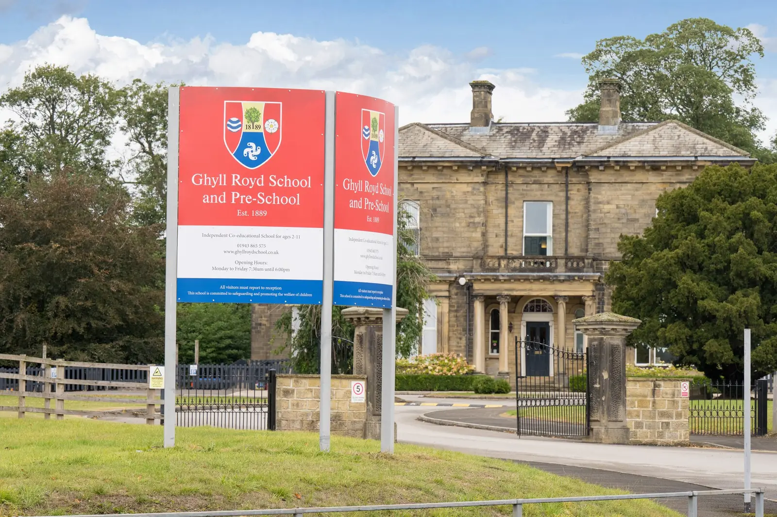 View of Ghyll Royd School entrance and sign